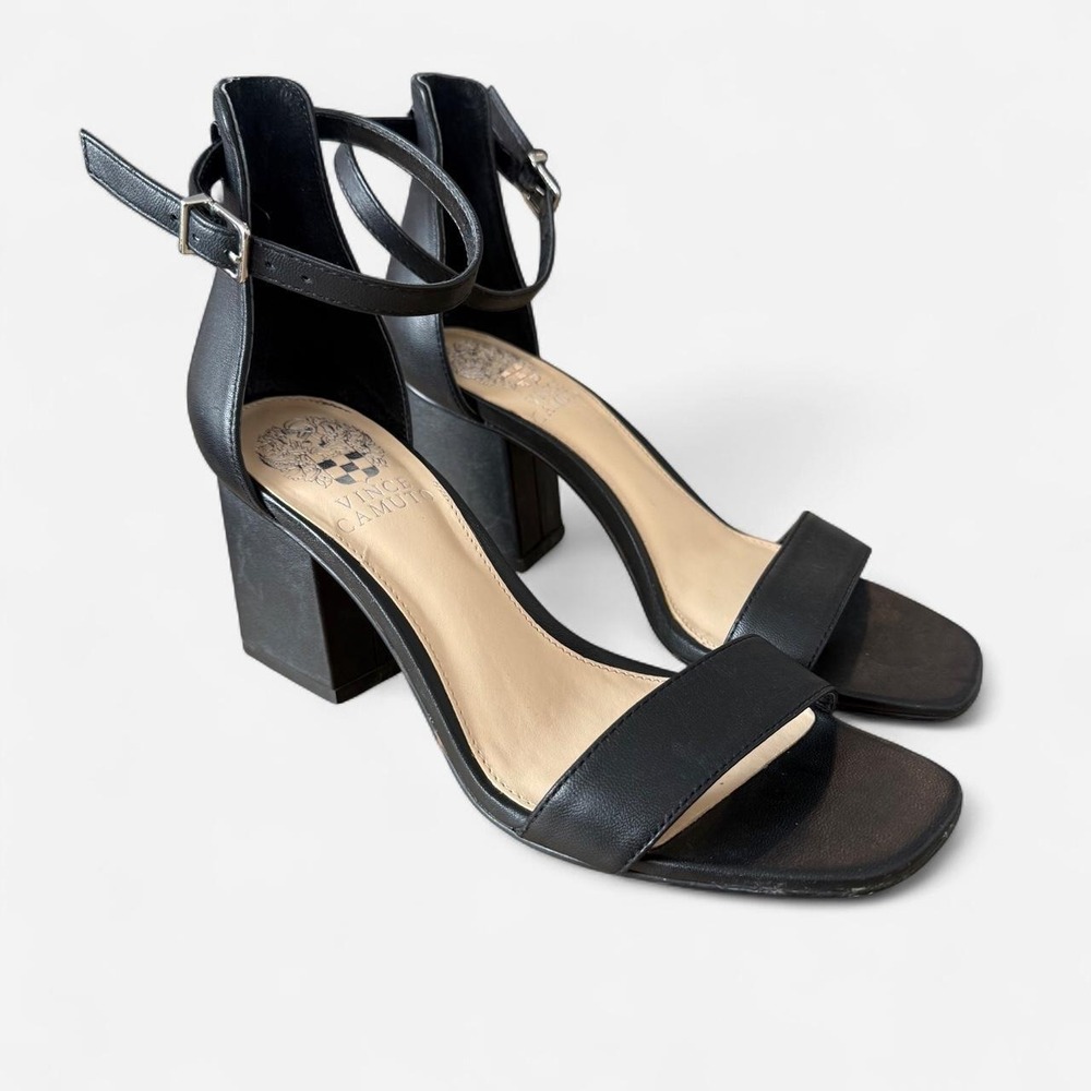 Vince Camuto black leather chunky block heel sandals